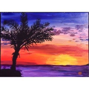 Original Authentic Acrylic Painting 16 x 20 in “Sunset Beach” Palm Tree Colorful